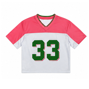 Camiseta de Fútbol Unisex Rosa y Blanca con Malla, Número 33, Estampado Verde en Tela Twill, Cuello en V, Manga Corta, Transpirable, para Adultos - Product Image 1