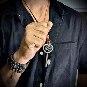 Vintage Alloy Key Heart Pendant Necklace with Adjustable Dark Brown Leather Cord for Men & Boys - Product Image 1