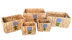 Natural Rattan <b>Storage</b> <b>Basket</b> <b>Rectangle</b> Embroidered Flower Rustic Style Multi Purpose Eco Friendly Organizer - Product Image 4