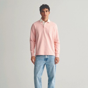 Polo de punto rosa de manga larga para hombre, corte regular, color sólido, transpirable, de algodón, diseño casual. - Product Image 1
