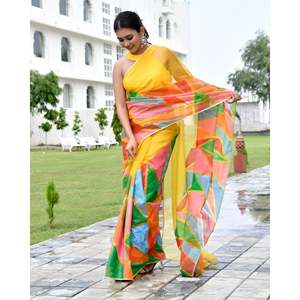 Sari jaune multicolore taille unique pour femme Resha, en organza et mousseline de soie, imprimé numériquement, polyvalent et élégant - Product Image 5