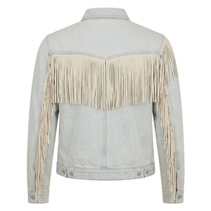 Veste en jean délavé personnalisée avec franges en daim et pompons, style western, fabricant OEM ODM, manteau unisexe sur mesure pour camionneur - Product Image 2