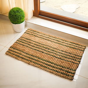 Tapis en jute TerraSage Stria naturel tissé, tapis de sol rustique à rayures vertes texturées, tapis en jute fait main respectueux de l'environnement, décoration intérieure - Product Image 1