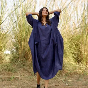 เดรสผ้าฝ้ายลินินสไตล์โบฮีเมียนสำหรับผู้หญิง คอวี แขนสามส่วน ทรงหลวมพลิ้วสบายๆ ชุดเดรสยาวลำลองสำหรับฤดูร้อน - Product Image 4