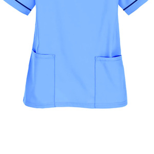Blouse médicale pour femme, col en V, manches courtes, bleu clair, uniforme d'infirmière d'hôpital avec bordure marine, deux poches - Product Image 6