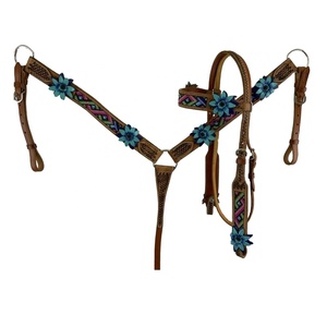 100% cuero genuino occidental azteca con cuentas Headstall & Breast Collar Set con acentos de flores en 3D fabricante al por mayor proveedor - Product Image 2