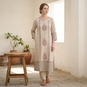 <b>Women</b> Beige Cotton Embroidered <b>Kurta</b> Loose Fit Ankle-Length Traditional Casual Ethnic Wear India Pakistan Style - Product Image 1