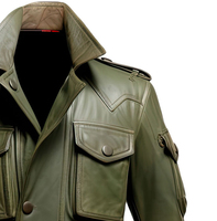 Manteau trench en cuir véritable vert olive pour homme, personnalisable, multi-poches, extra long, fermeture à un bouton, à capuche, respirant, séchage rapide