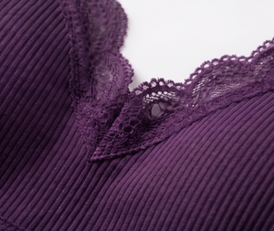 Women's Purple Wire-Free Bra And Hipster <b>Panty</b> Set With Lace Trim Mid-Rise Knitted Spandex Underwear - Product Image 6