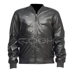 Veste en cuir perforé noir tendance avec bordure côtelée, fermeture éclair intégrale, vêtement d'extérieur d'hiver, fabricant de vêtements - Product Image 1