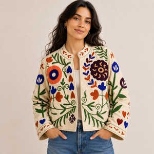 Women's Handmade Suzani Quilted Cotton Bomber <b>Jacket</b> | Boho Embroidered <b>Reversible</b> Design | Oversized Artisan Autumn Linen Nylon - Product Image 2