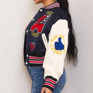 Chaqueta Universitaria Azul Marino para Mujer con Diseño de Parches Bordados, Corte Regular, Cuello Camisero, Estilo Casual, Ropa de Otoño - Product Image 4