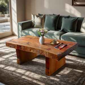 โต๊ะกาแฟไม้เนื้อแข็งทำมือสไตล์เรียบง่ายพร้อมลายไม้ธรรมชาติ หน้าโต๊ะหนาและฐานไม้กว้าง เหมาะสำหรับห้องนั่งเล่น - Product Image 4