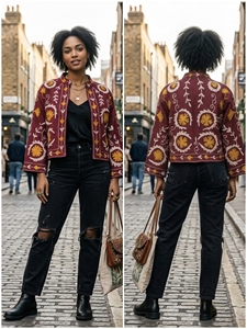 Chaqueta Corta de Mujer con Cuello Mandarín, Bordado Floral a Mano, Tejido de Algodón, Estilo Boho, Invierno, Acabado en Algodón - Product Image 4