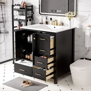 Mobile bagno freestanding da 30 pollici con 4 cassetti, telaio in legno massello e lavabo in resina - Combinazione mobiletto contenitore per bagno - Product Image 3