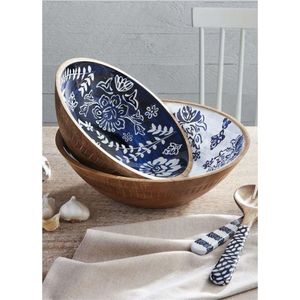 Handcrafted Mango Wood Salad Serving <b>Bowl</b> with Blue Enamel Floral Inlay <b>Large</b> Decorative Wooden <b>Bowl</b> for Fruit and Snacks <b>Bowls</b> - Product Image 1