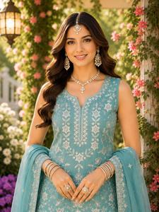 <b>Women</b>’s Premium Chiffon Sharara <b>Suit</b> Set with Heavy Embroidery and Sequin Work, Designer <b>3</b>-<b>Piece</b> Ethnic Wear with Dupatta - Product Image 2