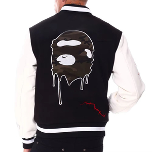 <b>Men's</b> Black <b>White</b> Varsity <b>Jacket</b> Shark Mouth Embroidery Patch Design Streetwear Turn-down Collar Regular Fit Autumn Wear - Product Image 2