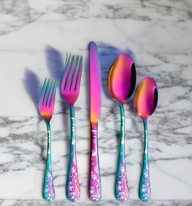 Service de couverts à imprimé floral rose et bleu, finition polie, élégant, pour dîner, mariage, décoration de table, usage en cuisine - Product Image 1
