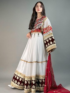 Traditional Pashtun Dress Women Casual Dresses <b>White</b> Georgette Velvet Maroon Embroidered Border Mirror Work Ethnic <b>Maxi</b> Long Gow - Product Image 4