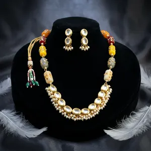 Kundan <b>Pearl</b> Long <b>Necklace</b> <b>Set</b> with Multicolor Stone Beaded <b>Necklace</b> and Matching Earrings Indian Bridal Wedding Jewelry - Product Image 3