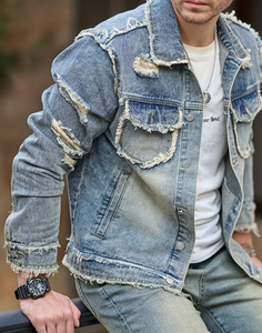 Hardihood International Veste en jean déchirée pour homme, bleu, effet délavé, patchwork, style streetwear décontracté, fermeture boutonnée, coupe classique - Product Image 5
