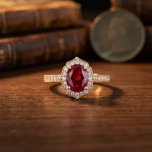 Anillo de Compromiso Vintage con Rubí Ovalado Cultivado en Laboratorio, Chapado en Rodio, Oro Blanco, Anillo de Boda Personalizado para Mujer, para Fiestas y Eventos - Product Image 3