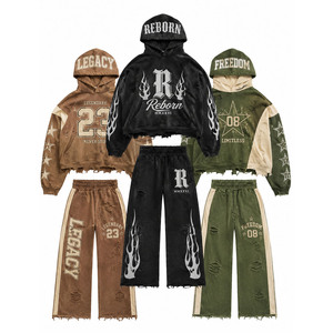 Custom Logo Distressed Ripped Hoodie Sweatpants Set Men Streetwear <b>Vintage</b> Wash Heavyweight Cotton Fleece <b>Tracksuit</b> - Product Image 1