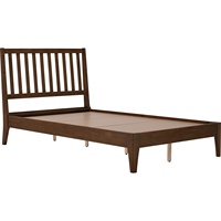 Lit plateforme moderne NESTHOUZ en bois massif, super simple, avec tête de lit minimaliste à lattes verticales, finition chêne naturel, fabriqué à Pulau Pinang