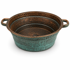 Handcrafted <b>Round</b> Copper Vessel Wash <b>Basin</b> with Side Handles Hammered Bathroom Sink Luxury Countertop <b>Basin</b> for Home Hotel Villa - Product Image 1