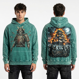 Sweat à capuche graphique Plague Doctor Zombie vert sarcelle vintage délavé à l'acide, streetwear, pull personnalisé en molleton épais - Product Image 4