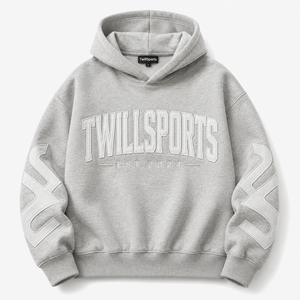 Sweat-shirt à capuche pour homme TwillSports, en coton surdimensionné, en molleton français, logo en relief, décontracté, gris automne - Product Image 1