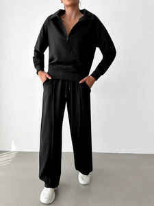 ชุดเซ็ตสองชิ้นสำหรับผู้หญิง ฤดูหนาว เสื้อคอปกสีพื้นและกางเกงขายาวทรงกว้าง สวมใส่สบายๆ เข้าชุดกัน - Product Image 3