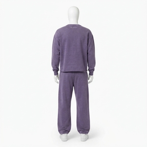 Men Purple Washed Crewneck Sweatshirt <b>Jogger</b> Pants <b>Set</b> <b>Matching</b> Two Piece Casual Streetwear Tracksuit - Product Image 4