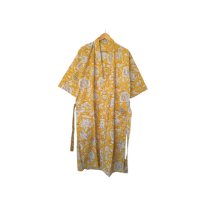 Robe kimono en coton à imprimé floral jaune pour femmes, col en V, manches longues, longueur longue, vêtements de nuit confortables, robe avec cordon de serrage fixe - Product Image 1
