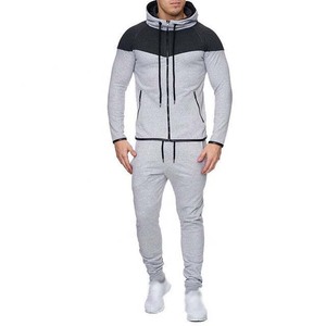 Survêtement gris pour homme avec blocs de couleur, fermeture éclair intégrale, capuche, coupe décontractée, en polyester et coton, pour l'automne, avec poches latérales - Product Image 1