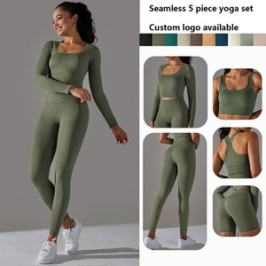 Conjunto de Yoga de 5 Piezas para Mujer, Ropa Deportiva Personalizada, Conjunto de Yoga con Costuras, Ropa Deportiva Femenina - Product Image 1
