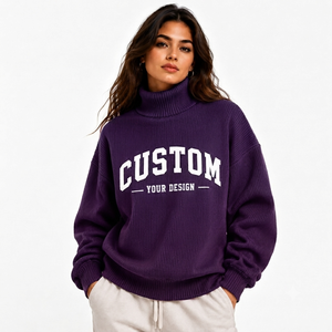Custom Women Oversized <b>Mock</b> <b>Neck</b> Sweatshirt Casual Long Sleeve Knitted Pullover Solid Color Loose Fit Autumn Fleece <b>Top</b> - Product Image 1
