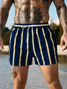 Shorts de bain rayés pour hommes avec cordon de serrage à la taille et poches, pour la plage - Product Image 3