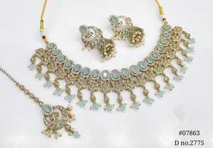 Collier Mehendi Jewelry sert 07863 Polki Kundan, bijoux aspect émeraude, bijoux de mariée pakistanais pour mariage et fêtes, pour femmes. - Product Image 2
