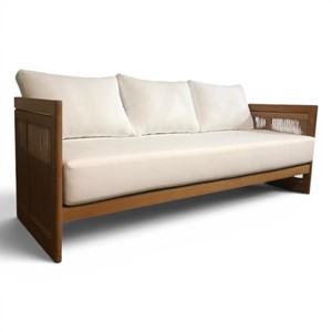 Sofá de 3 Plazas de Madera de Teca Sólida Estilo Moderno de Mediados de Siglo con Cojines de Tela Crema, Brazos Rectos y Respaldo Acolchado para Muebles de Sala de Estar - Product Image 3