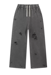 Pantalon de survêtement gris déchiré pour homme, taille élastique avec cordon de serrage, style décontracté, effet usé, tissu en coton respirant, idéal pour l'automne - Product Image 3