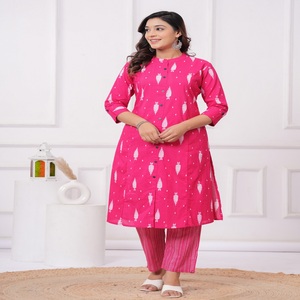 Women Pink Printed A-<b>Line</b> Cotton Kurti Set with <b>Pants</b>, V-Neck 3/4 Sleeve Ethnic Wear Casual Daily Wear Kurta Set for Women - Product Image 1