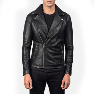 Men's Black Leather Moto Jacket Slim Fit Zipper Closure <b>Turn</b>-down Collar Regular Sleeve Solid Color Autumn Wear - Product Image 2
