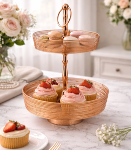 Support à gâteau à 2 niveaux en fil de fer poli en acier inoxydable, fait main, polyvalent, panier de rangement pour vaisselle, plateau à fruits et desserts, couleur or rose - Product Image 1