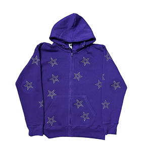 Sudadera con Capucha Morada para Mujer con Estampado de Lentejuelas de Estrellas, Manga Larga, Cierre de Cremallera Frontal, Bolsillo, Sudadera de Algodón Tejido para Otoño, 100% Algodón Felpa - Product Image 6