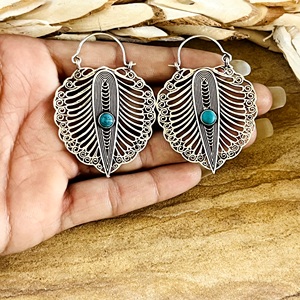 Latest Design Tribal <b>Wing</b> Hoop <b>Earrings</b> Boho Brass Jewelry Women Silver Plated Turquoise Geometric Design [Wholesale/OEM/ODM] - Product Image 2