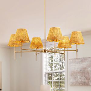 Lampadario Boho in Rattan a 6 Luci, Lampada a Sospensione Rustica Industriale, Grande Illuminazione Regolabile per Isola Cucina D - Product Image 2