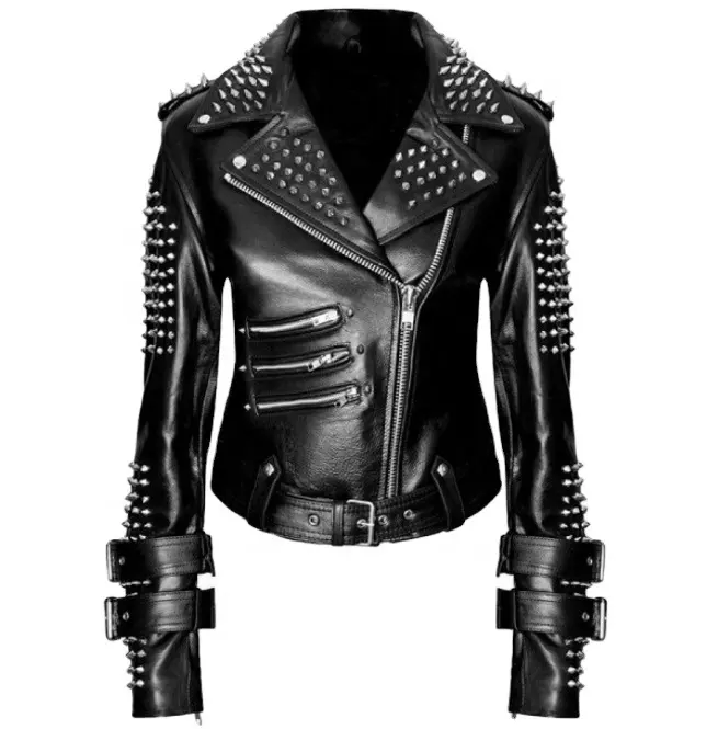 High Quality Women's Jackets Leather Handmade Women Black Punk Silver Spiked Studded Leather Biker Jacket