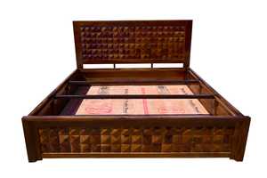 Solid Wood <b>Bed</b> <b>Frame</b> Wooden Bedroom <b>Bed</b> Geometric Carved Panel Bedstead for Home Hotel - Product Image 3